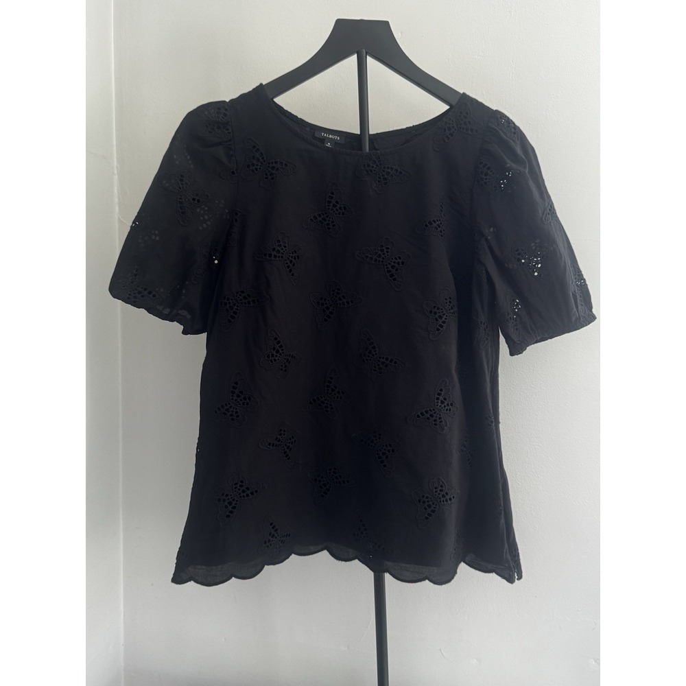 Talbots Top M Black Butterfly Eyelet Puff Sleeve Round Neck Cropped Lined Cotton
